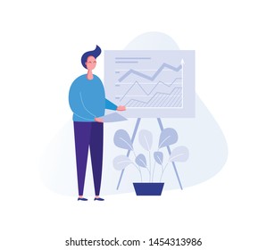 Illustration with a man working in the office, making a presentation, negotiating and discussing business issues, developing ideas. Flat cartoon vector banners.