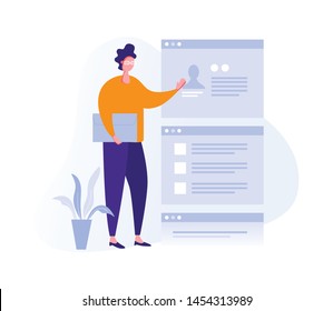 Illustration with a man working in the office, making a presentation, negotiating and discussing business issues, developing ideas. Flat cartoon vector banners.