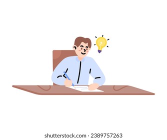 Illustration of a man is working on or answering questions on a test paper. a man learns, gets ideas, a student writes on paper. quizzes, tests, registration, exams. Cartoon or flat illustration