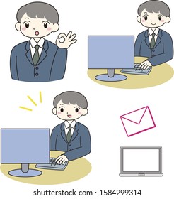 
Illustration of a man working on a computer and a computer and mail