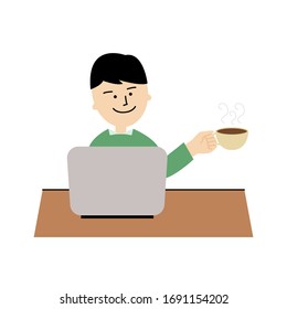 Ilustración del hombre trabajando en el ordenador . tomar un descanso de café