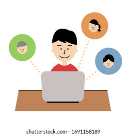 Illustration of man working on computer. video conference