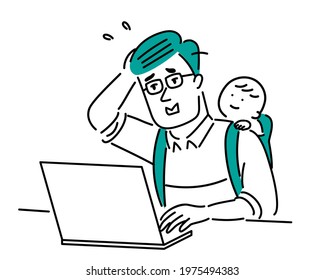 Illustration of a man working on a computer while carrying a baby