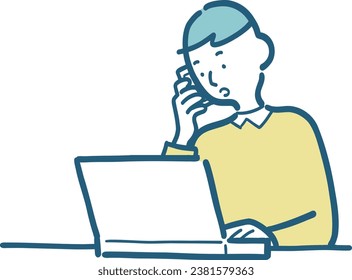 Ilustración de un hombre trabajando en una computadora mientras habla por teléfono