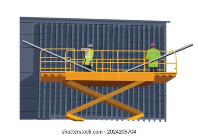 Illustration of Man Working on the Working at height on construction site. industrial, technicians builders, building, residential, cityscape. Vector flat illustration