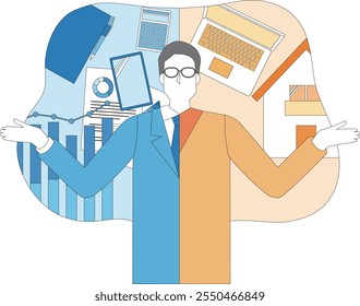 Ilustración de un hombre trabajando en su trabajo principal y trabajo secundario