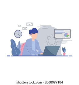 Illustration of A Man Working On Laptop. Flat design vector for web design, ui, etc.