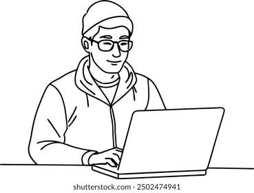 Illustration of Man Working on Laptop with Beanie and Glasses