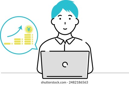 Illustration of man working on side job using laptop
