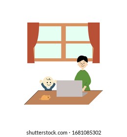 Illustration of man working remotely while parenting.