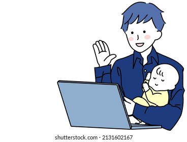 Illustration of a man working remotely while holding a baby