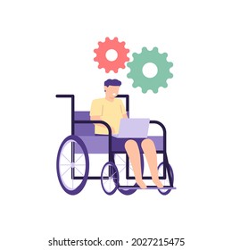 Illustration eines Mannes, der mit einem Laptop arbeitet und im Rollstuhl sitzt. behinderte Arbeitnehmer, Gelegenheitsarbeiter, die von zu Hause aus arbeiten. Menschen mit Behinderungen. flacher Cartoon-Stil. Vektordesign