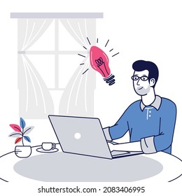 Illustration of man working using laptop from home