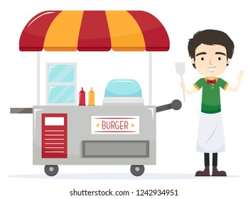 Illustration of a Man Working as a Vendor Standing Next to His Burger Cart Waving and Holding a Spatula
