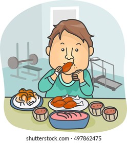 Illustration of a Man in Workout Clothes Consuming Large Quantities of Food After Working Out
