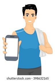 Illustration of a Man in Workout Clothes Showing a Mobile App