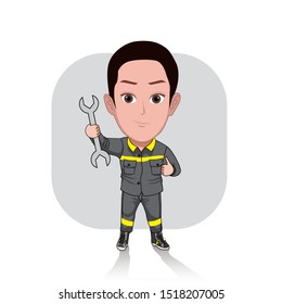 illustration of a man in a workshop uniform posing with a spanner in his right hand. Vector cartoons that can be used to caricature templates with plain backgrounds.