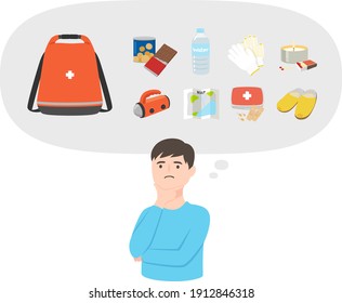 Illustration of a man worried about an emergency bag. Food, maps, medicines, etc.