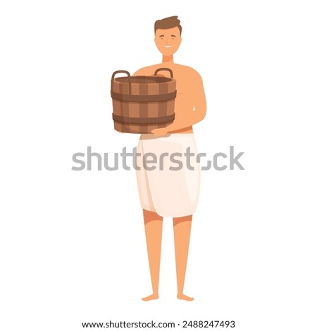 Illustration of a man wrapped in a towel, holding a traditional wooden bucket, isolated on white