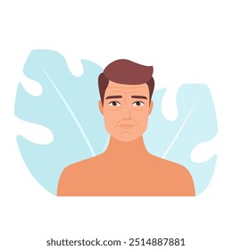 Illustration of a man with wrinkles and aging skin. Skincare issue vector concept.