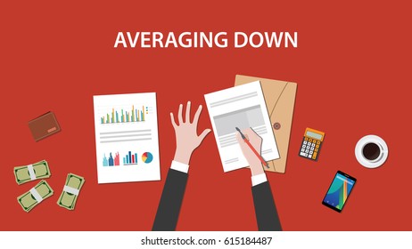 illustration of a man writing analysis for averaging down on paperwork with red pencil and money, calculator and folder document on top of table