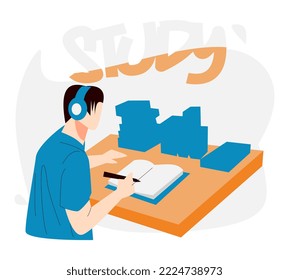 illustration of a man writing a book while listening to music with headphone. table full of books. cool study typography. smart, hardworking. suitable for school, study, work, hobby, etc. flat design