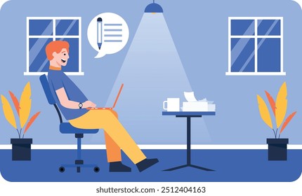 Illustration of a man writing content, an energetic illustration that gives the impression of a creative and intelligent person.