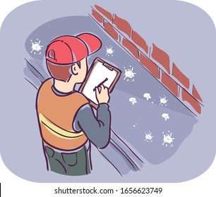 Ilustración de un hombre escribiendo un informe en el Portapapeles mientras inspecciona las heces pichón en la calle