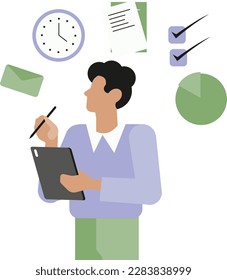 Illustration of a man writing on a clipboard. Vector illustration.
