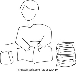 Illustration of a man writing on a notebook on a desk