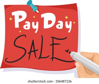 Illustration of a Man Writing Pay Day Sale on a Piece of Red Paper