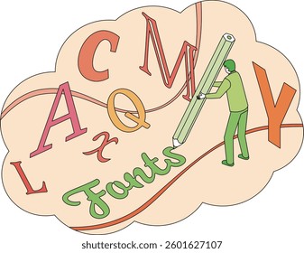 Illustration of a man writing various fonts