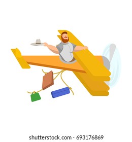 Illustration of a man in a yellow plane behind which suitcases stretch on ropes