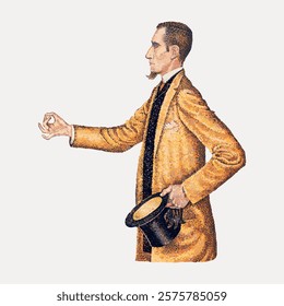 Illustration of a man in a yellow suit holding a top hat. The man is in profile, wearing a yellow suit, and holding a top hat. Vintage style art. Vintage art drawing, isolated vector element.