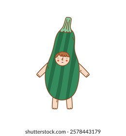 Illustration of a man in a zucchini costume. Cute courgette. Element for print, postcard and poster. Vector illustration