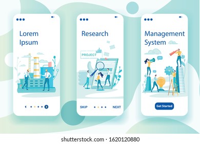 Illustration Management System, Research, Slide. Set Men in Suits Stand against Backdrop Plant. Woman Speaks into Loudspeaker, Guy Looks Through Telescope at Light Bulb. Landing Page.