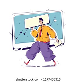 Illustration of a manager with a big cover. Vector. Manager on the background of the monitor and interface elements. SEO. Image is isolated on a white background. Illustration for banner, website.