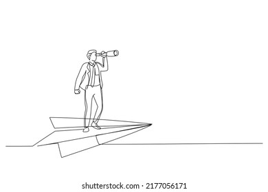 Illustration of manager flying on paper plane. Business visionary and investment opportunity illustration. One line art style
