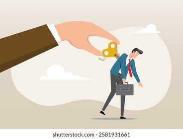 An illustration of a manager's big hand turning the wind up key or winder clockwork to motivate a businessman office worker. Exhausted employee recharged, wind up to stimulate or motivate fatigue pers