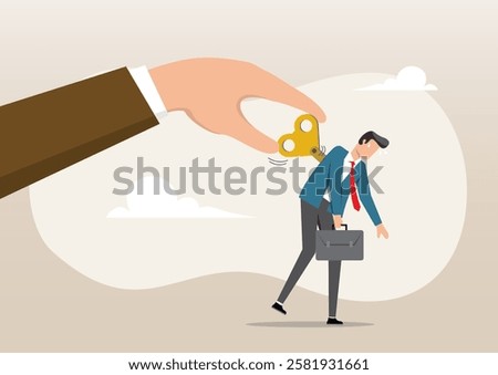 An illustration of a manager's big hand turning the wind up key or winder clockwork to motivate a businessman office worker. Exhausted employee recharged, wind up to stimulate or motivate fatigue pers