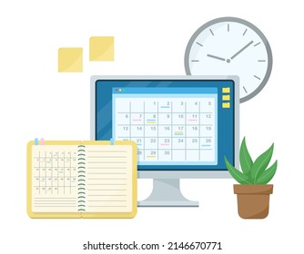 Illustration of managing a schedule on a computer or in a notebook. Calendar functions. Scheduler and Computer.