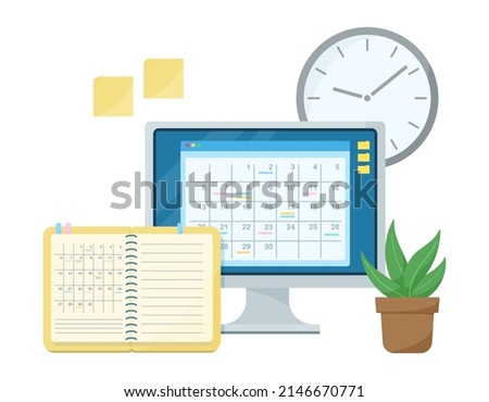 Illustration of managing a schedule on a computer or in a notebook. Calendar functions. Scheduler and Computer.