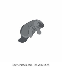 An illustration of a manatee, also known as a sea cow, depicted in a minimalist, cartoon-like style. The animal is gray with soft curves, small flippers, and a round snout. It is shown floating agains