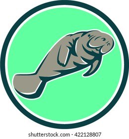 Illustration of a manatee sea cow set inside circle on isolated background done in retro style. 