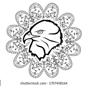 Illustration - mandala with beautiful eagle on the theme of yoga.

