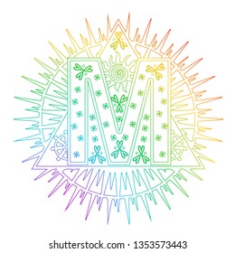 Illustration - mandala in the color of the rainbow on the theme of sun and letter.
