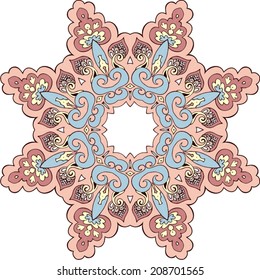 Illustration of mandala design. Concept image for card, yoga studio, meditation, spirituality, Indian, Arabic or Thai cuisine restaurants ads, tattoo salon. Round for paisley (mandala). Stock vector. 