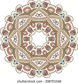 Illustration of mandala design. Concept image for card, yoga studio, meditation, spirituality, Indian, Arabic or Thai cuisine restaurants ads, tattoo salon. Round for paisley (mandala). Stock vector. 