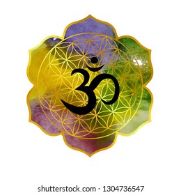 illustration with mandala on a yoga theme with aum.