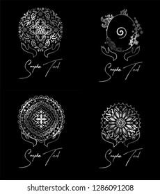illustration with mandalas on a yoga theme with hands.